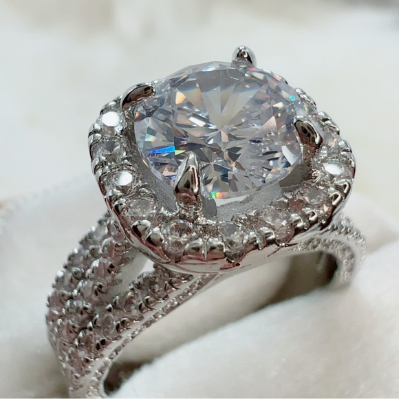 14k white gold 3 CT diamond ring round cut pave halo antique 7 style engagement - Picture 5 of 11